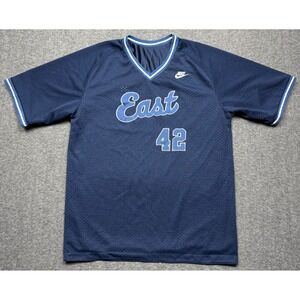 Nike‎ Jersey Mens XL Blue East 42 Baseball Mesh Reversible V Neck Satin Shirt
